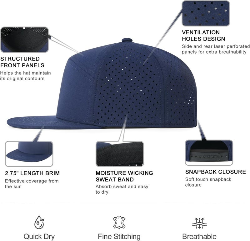 FEINION Men Flat Brim Adjustable Performance Hat Snapback Laser Perforated Baseball Cap - Image 3